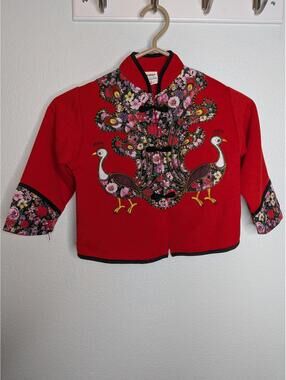 Vintage Red Chinese Style Kids Jacket Embroidered Peacock Floral Mandarin Collar